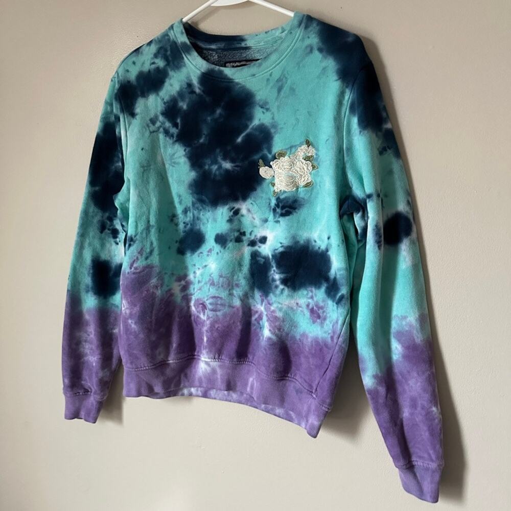 Blind Rooster Sweatshirt Mens SMALL Tie Dye Teal & Purple Crewneck Sakura Tree - Picture 5 of 12